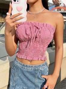 SHEIN Qutie 甜美格紋女式無肩帶上衣 - 紅白色 - 查看 4