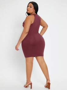 SHEIN SXY 大尺碼女士老鷹字母印花露背連衣裙 - 酒紅色 - 查看 2