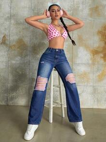 Y2K Street Solid Ripped Slant Pockets Baggy Straight Leg Jeans Daily Casual Denim Pants - Blue - View 6