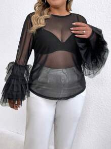 SHEIN Unity Plus Contrast Mesh Flounce Sleeve Mesh Top - Black - View 3