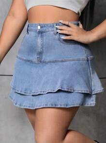 CovetEZ 加大尺寸女士雙層荷葉邊牛仔裙 - 中等水洗藍 - 查看 1