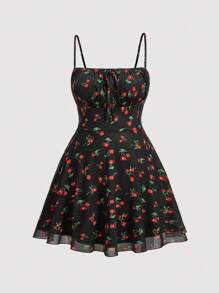SHEIN CURVE+ 加大尺碼黑色櫻桃印花打摺半身背心裙 - 彩色 - 查看 1