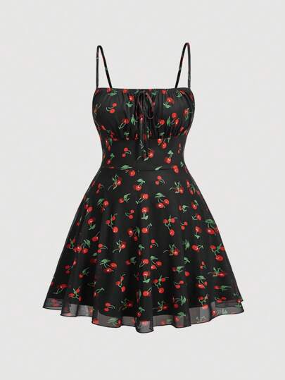 SHEIN MOD 大码女式樱桃印花褶饰胸围吊带连衣裙，夏季