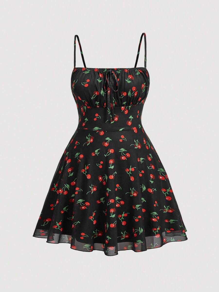 SHEIN CURVE+ 加大尺碼黑色櫻桃印花打摺半身背心裙 - 彩色 - 查看 1