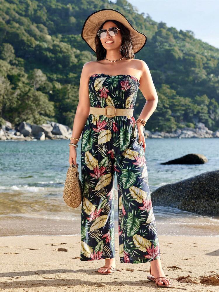 Plus Size Women's Leaf Printed Strapless Summer Jumpsuit