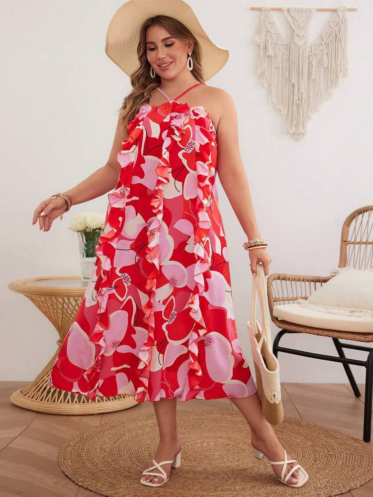 Plus Size Summer Holiday Romantic Flower Print Ruffle Detail Beach Dress