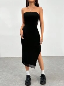 SHEIN EZwear 女式無肩帶開衩下擺連身裙 - 黑色 - 查看 1