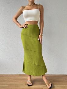 SHEIN Privé Solid Color Mermaid Tail Skirt - Green - View 6
