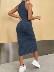 SHEIN Essnce Solid Color Sleeveless Halter Neck Dress - Royal Blue - View 2