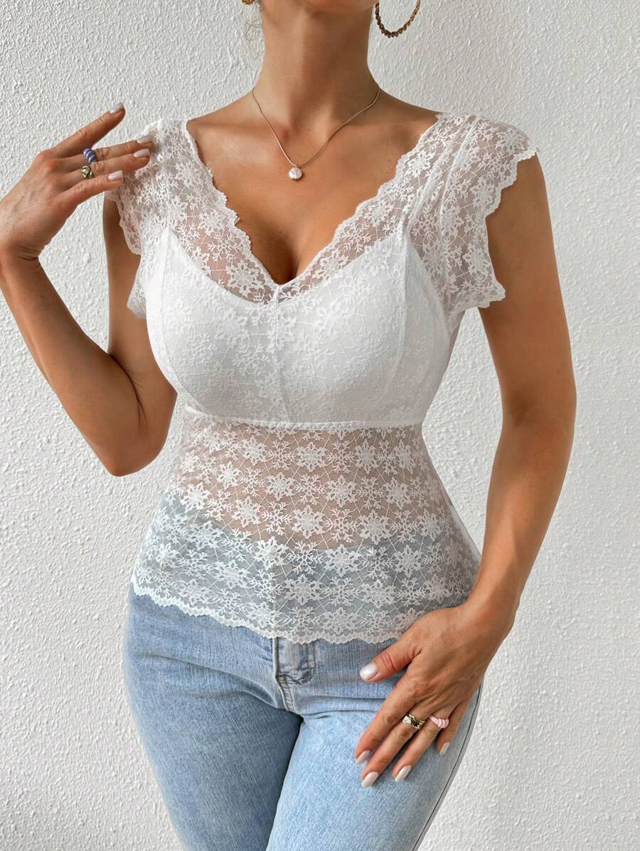 Chiquease 女裝簡約、時尚、修身蕾絲上衣 - 白色 - 查看 1
