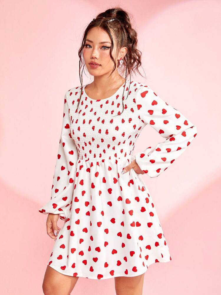 Lovely Heart Printed Lantern Sleeve Dress For Valentine's Day
