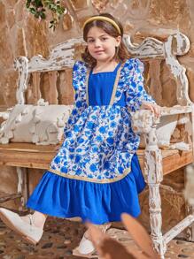 SHEIN Young Girl Floral Print Contrast Color Peter Pan Collar Ruffle Hem Long Sleeve Dress, Mommy And Me Matching Outfits (2 Pieces Sold Separately) - Blue - View 6