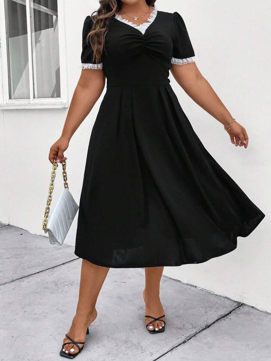 SHEIN Unity Kích thước lớn Của phụ nữ Thanh lịch Trang trí ren Váy tao nhã - màu đen - Xem 1