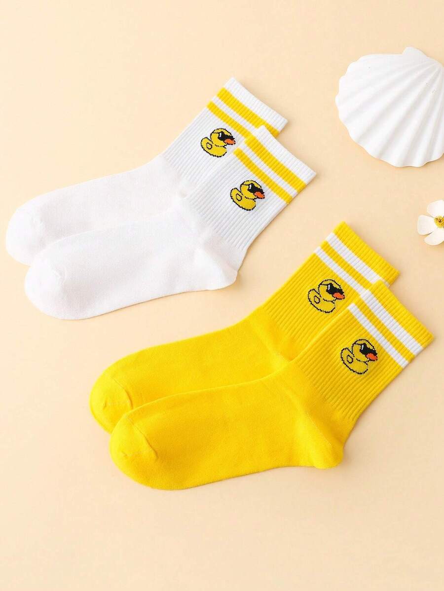 2pairs Fun Duck Wearing Sunglasses Pattern Jacquard Mid-Calf Socks - Multicolor - View 1