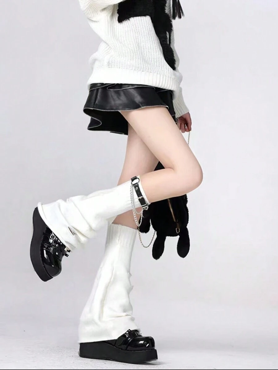 ROMWE Goth 1入組y2k風擴腿針織腿套+1入組朋克風腿鍊 - 黑與白 - 查看 1