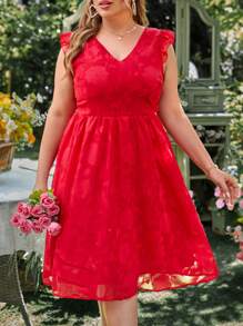 Flirla Plus Size Jacquard Cap Sleeve A-Line Dress - Red - View 3