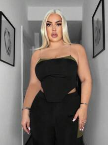 SHEIN SXY 大码女式拼色不对称下摆抹胸上衣 - 黑色 - 查看 3
