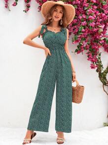 SHEIN VCAY Women's Vacation Style Ditsy Floral Print Spaghetti Strap Jumpsuit - Green - View 4