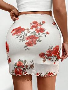 SHEIN Privé Women's Floral Print Mesh Skirt - Black - View 2