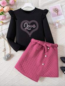 SHEIN Tween Girls' Cap Sleeve Heart & Letter Printed T-Shirt And A-Line Skirt Set - Black - View 5