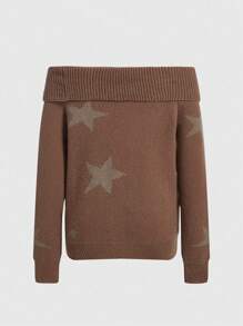 ROMWE Grunge Punk 女士棕色星芒編織高頸開肩毛衣 - 駝色 - 查看 2