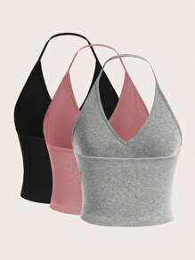 SHEIN EZwear Multicolor Knitted Halter Neck Tank Top - Dusty Pink - View 2