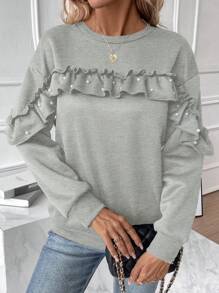 SHEIN LUNE Sudadera Con Cuello Redondo, Dobladillo Con Volantes Y Adornos De Perlas - Gris Claro - Ver 1