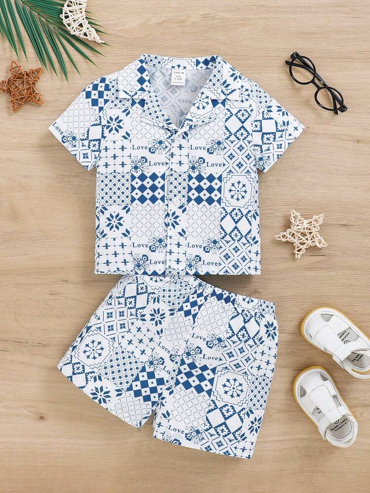 Unisex Baby Plaid Pattern Turn-Down Collar Cardigan And Shorts Casual Set