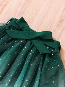 SHEIN Vestido com Ombro Único, Manga Curta, Babado e Saia de Tule com Cinto, Verde, para Meninas Jovens