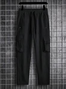 Manfinity Homme Quần Cargo trơn màu dáng rộng cho nam, dành cho mùa thu - màu đen - Xem 3