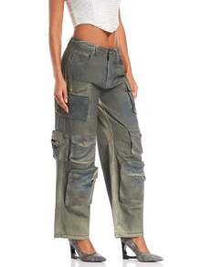 SHEIN BAE Women's Denim Jeans With Multiple Pockets And Distressed Finish, Featuring Rock & Western Style - Dark Grey - View 6