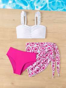 SHEIN Young Girl Heart Flower Patterned Bikini Set 3-Piece Set, Fashionable Vacation Beachwear, Mommy And Me Matching Outfits (3 Sets Sold Separately) Summer Beach - Multicolor - View 6