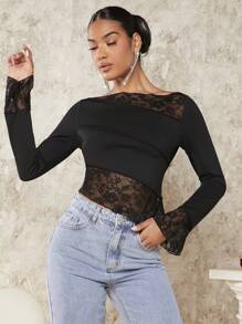 SHEIN BAE 蕾絲拼接船領不對稱下擺緊身長袖t恤 - 黑色 - 查看 4
