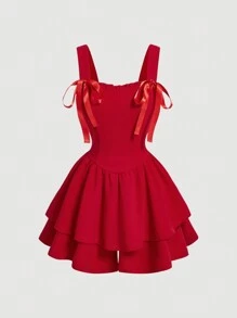 SHEIN MOD Enterizo de tirantes estilo camiseta vintage con lazo decorativo en color rojo para mujer - Rojo - Ver 1