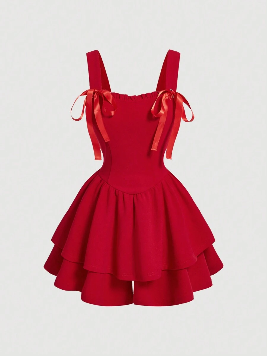 SHEIN MOD Enterizo de tirantes estilo camiseta vintage con lazo decorativo en color rojo para mujer - Rojo - Ver 1