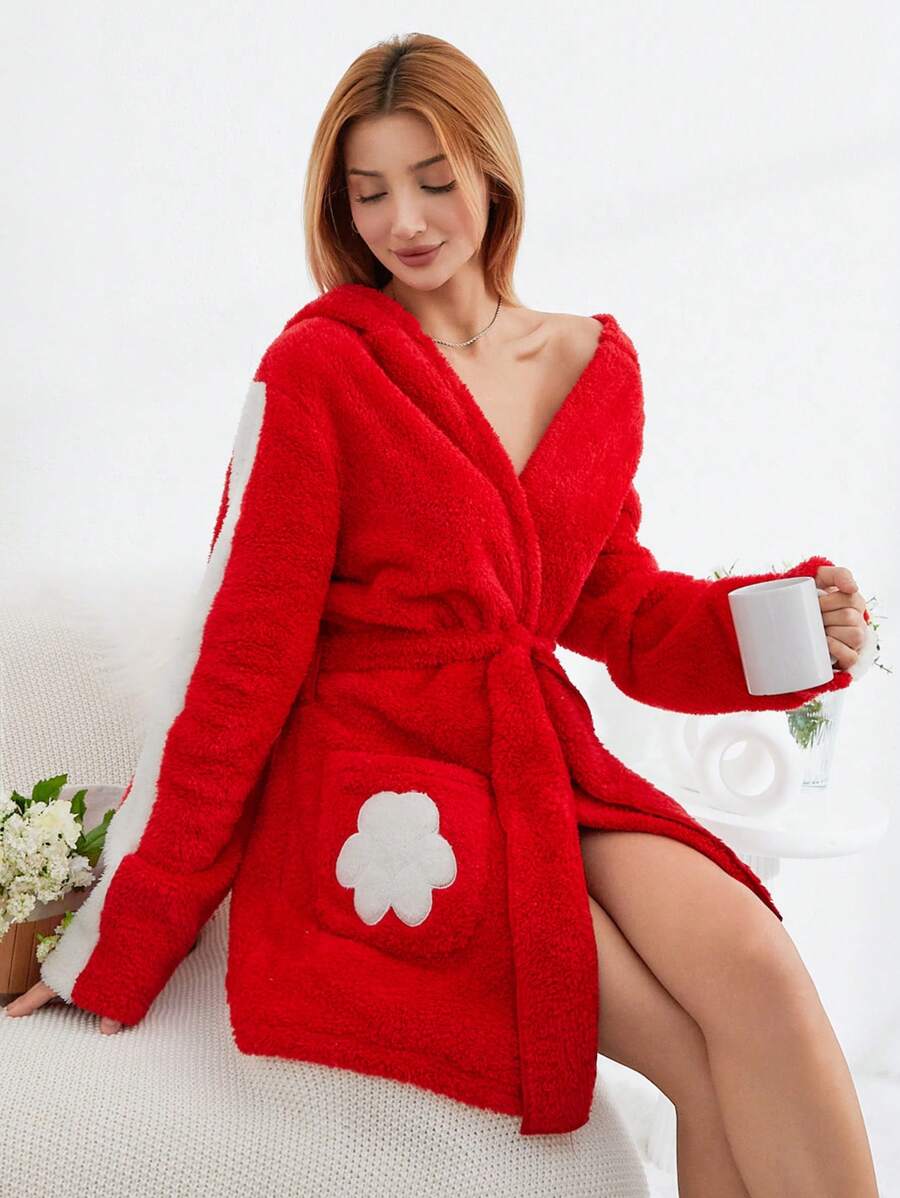 SHEIN Cottnline Contrast Side Seam Cartoon Graphic Hooded Belted Flannel Robe - Orange - View 1