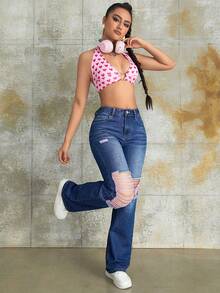 Y2K Street Solid Ripped Slant Pockets Baggy Straight Leg Jeans Daily Casual Denim Pants - Blue - View 3