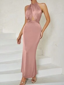 Vestido ajustado minimalista y sexy con escote halter, espalda descubierta y cola de pez calada - Rosa - Ver 5