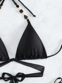 Swim SXY Women's Halter Neck Cut Out Bikini Set With Strap Music Festival Summer Beach - Black - View 4