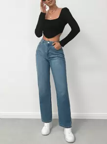 Jeans Rectos Lavados - Azul - Ver 3