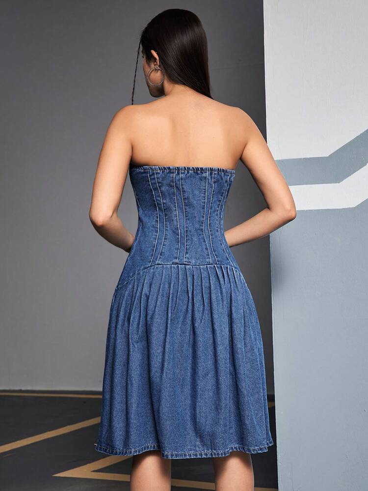 Ladies' Zipper Front Strapless Denim Dress