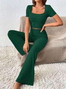 SHEIN Frenchy Women's Square Neck Ribbed Short Sleeve T-Shirt And Pants Two Pieces Set - Dark Green - View 1