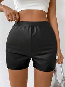 SHEIN LUNE High-Waisted Pu Leather Shorts With Elegant Style - Black - View 3