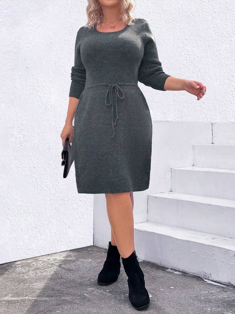 Plus Size Round Neck Long Sleeve Drawstring Waist Sweater Dress