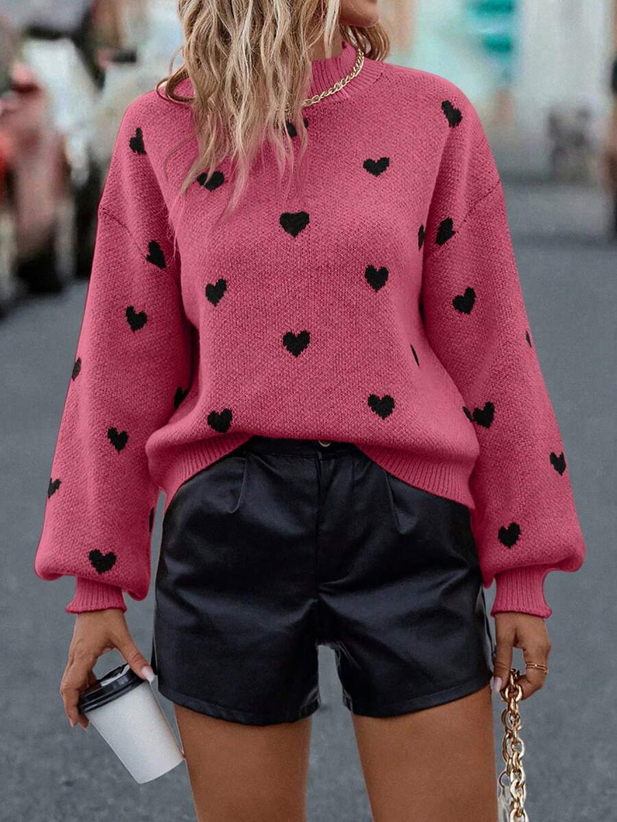 SHEIN LUNE Sweater With Heart Pattern And Dropped Shoulders - Rose Red - View 1