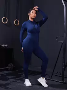 SHEIN Sport Studio Sportlicher Nahtloser Overall Für Damen In Großen Größen Mit Stehkragen Und Langen Ärmeln