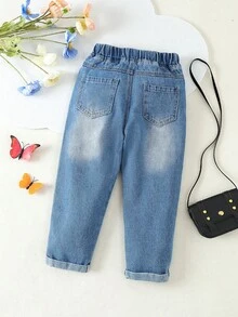 幼兒女童蜜蜂心形花卉刺繡牛仔褲 - 中等水洗藍 - 查看 2