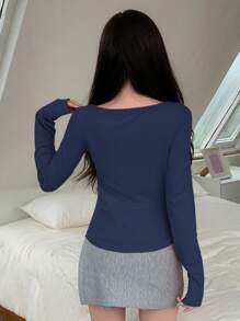 DAZY Solid Color Square Neck Long Sleeve T-Shirt,Fall Clothes - Navy Blue - View 4