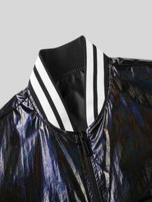 Men's Striped Trim Zipper Front Baseball Jacket - Blue - View 4