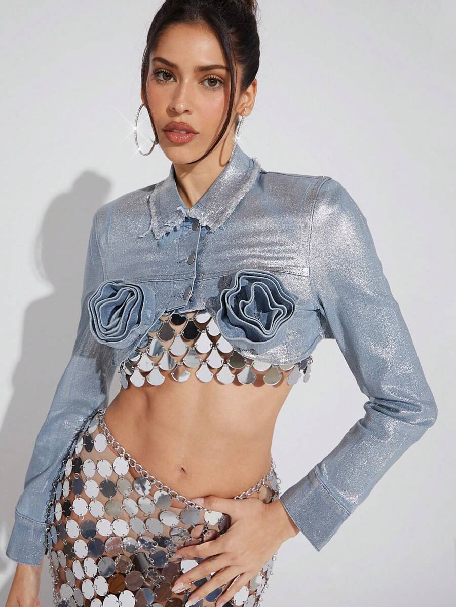 Women's Shortened Denim Jacket With 3d Flower Decorations - Light Wash - View 1